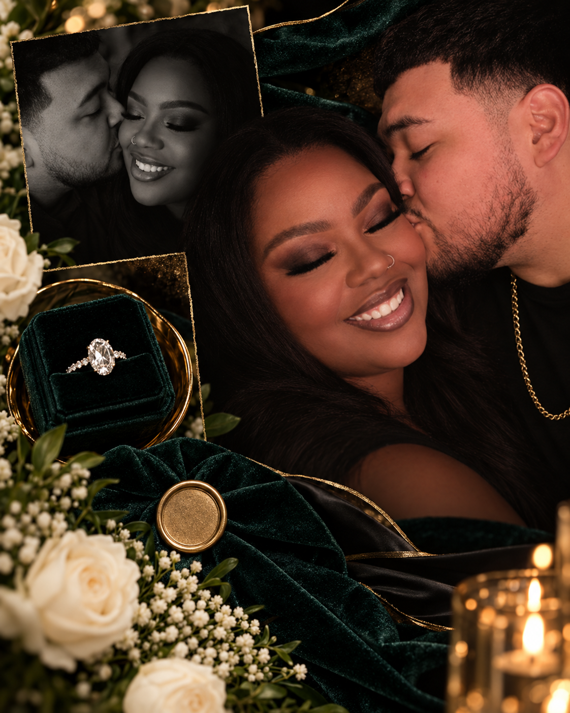Wedding collage featuring La Tori and Danny, their engagement ring, emerald velvet, and ivory flowers